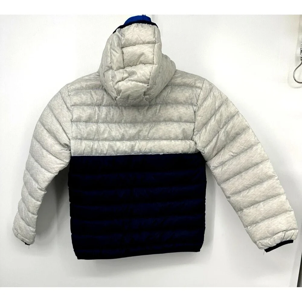 Eddie Bauer Boy's White And Navy Full Zip Hooded Puffer Coat Size M 10/12 Down j